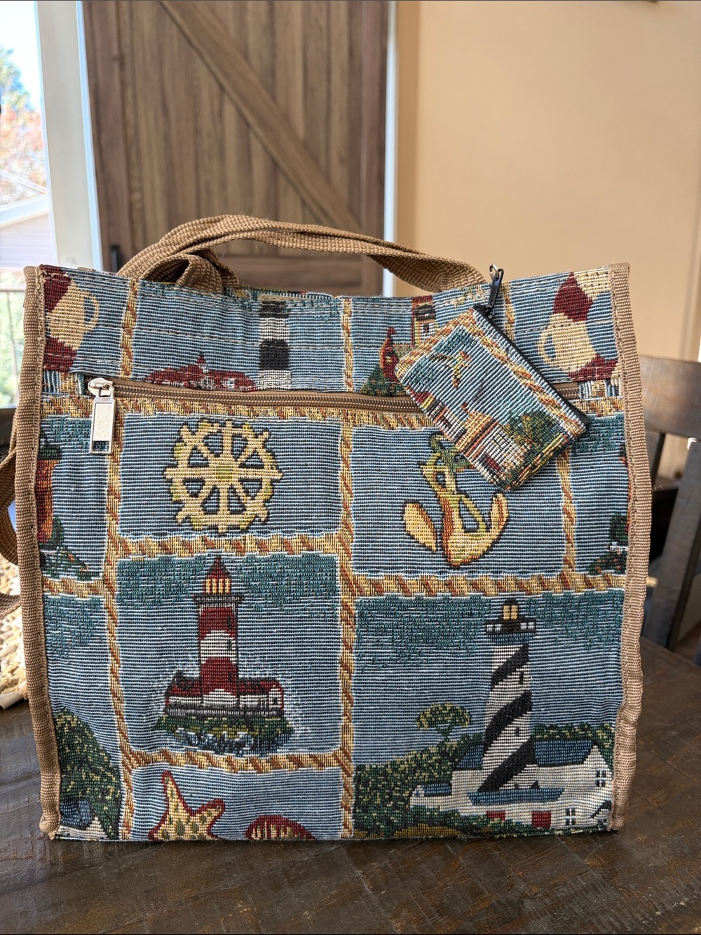Vintage Nautical Tapestry Tote Bag Lighthouse Coastal Beach Handbag & Coin Purse